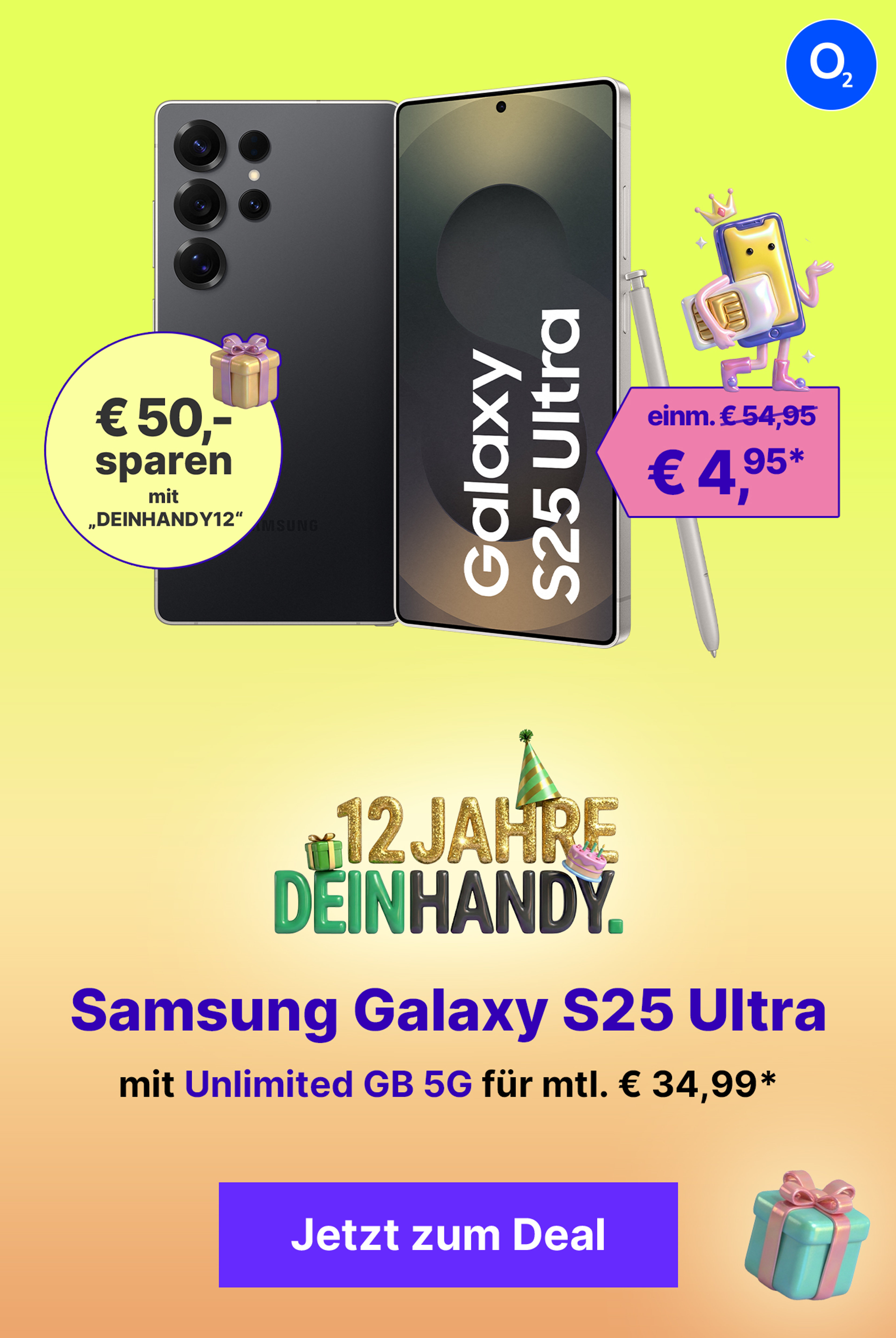Galaxy S25 Ultra mit Ulimited GB 5G für einm. € 54,95* & € 50,- Gutschein on top | mtl. € 34,99*