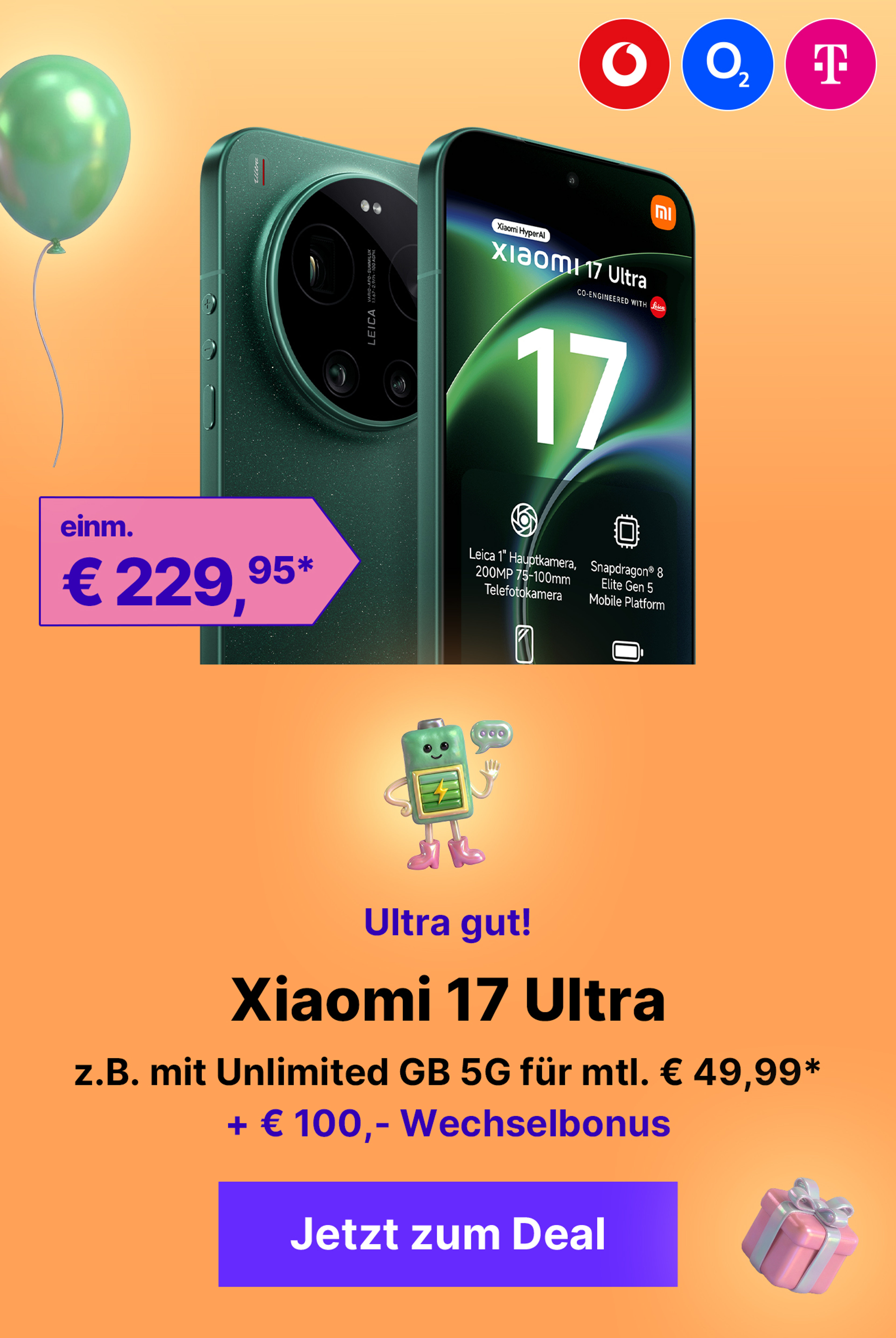 Ultra gut! Xiaomi 17 Ultra z.B. mit Unlimited GB 5G für mtl. € 49,99* + € 100,- Wechselbonus