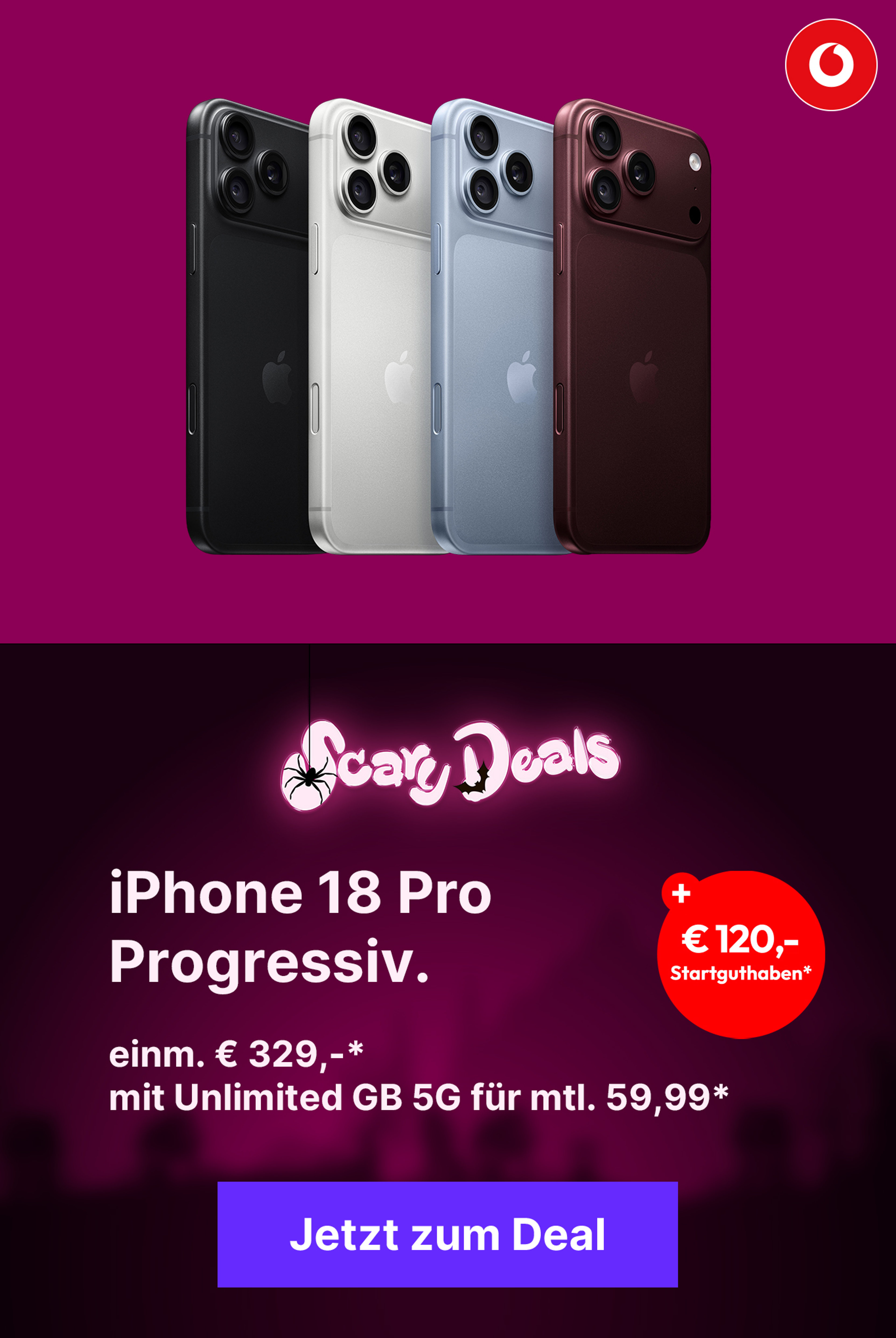 iPhone 18 Pro mit z.B. einm. € 329,95* mit Unlimited GB 5G für mtl. € 59,99*