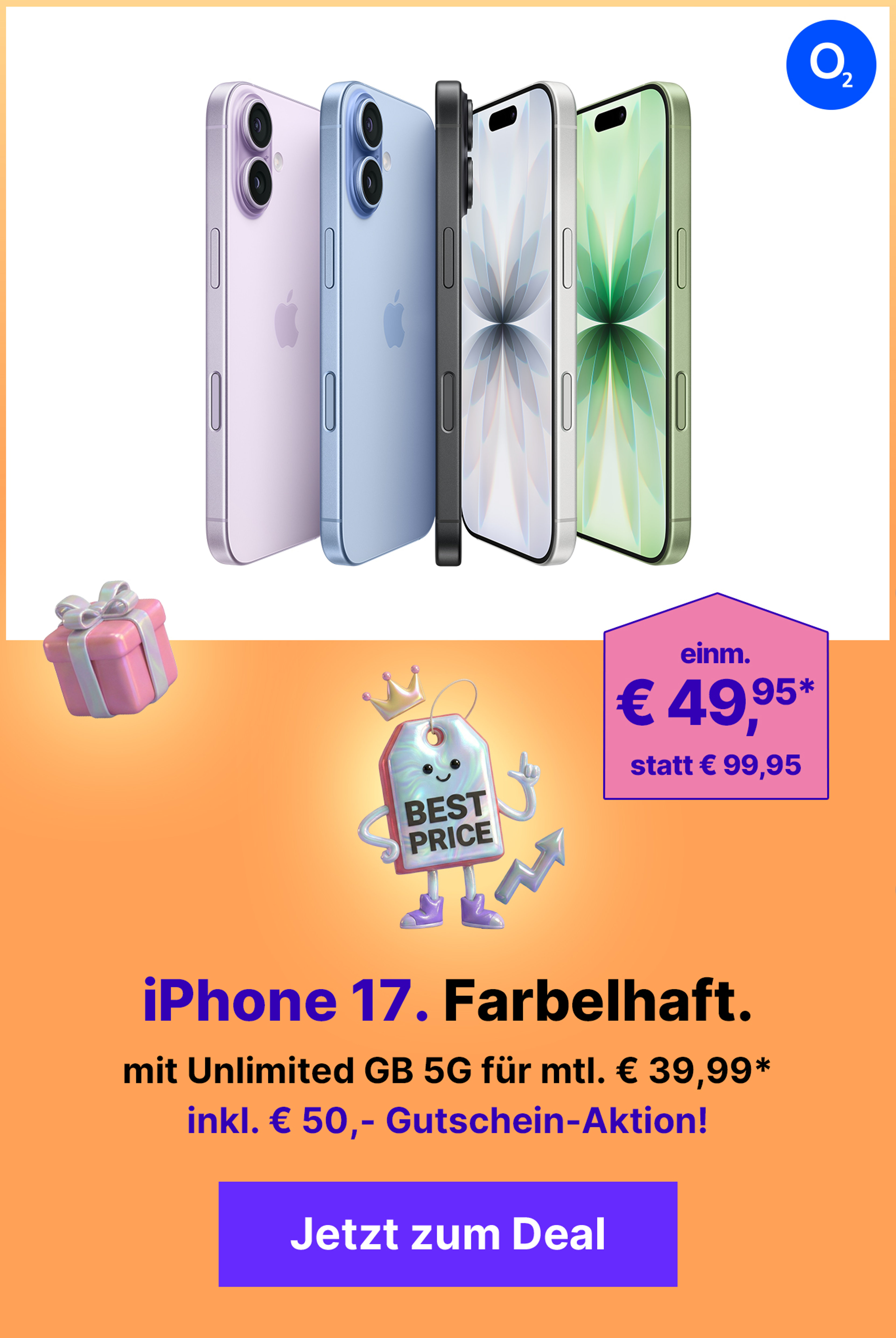 Apple iPhone 17 mit Unlimited 5G für mtl. 39,99€ & € 50,- Gutschein* | einm. € 99,95*