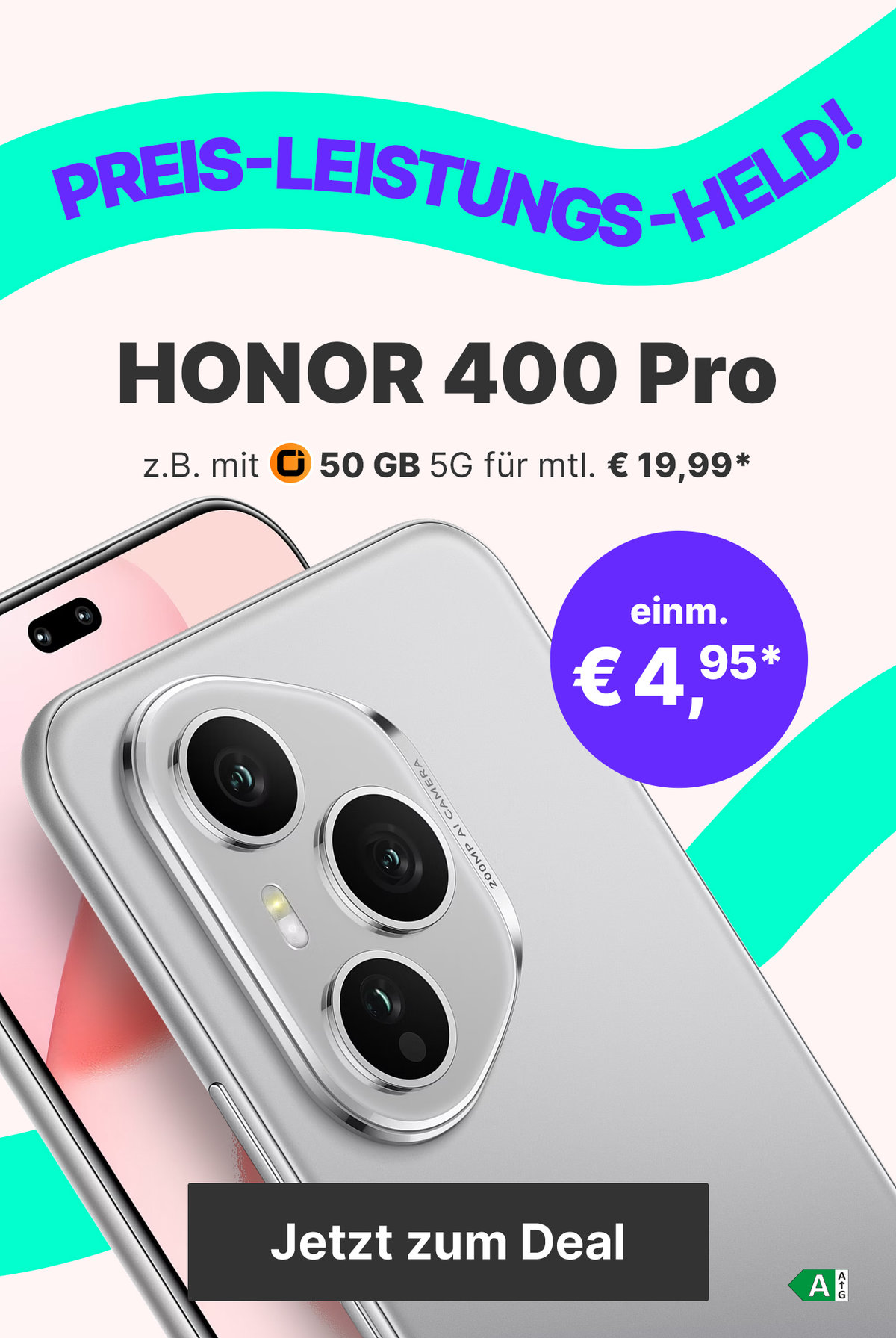 Honor 400 Pro z.B. mit 50 GB 5G für mtl. € 19,99* | einm. € 4,95*