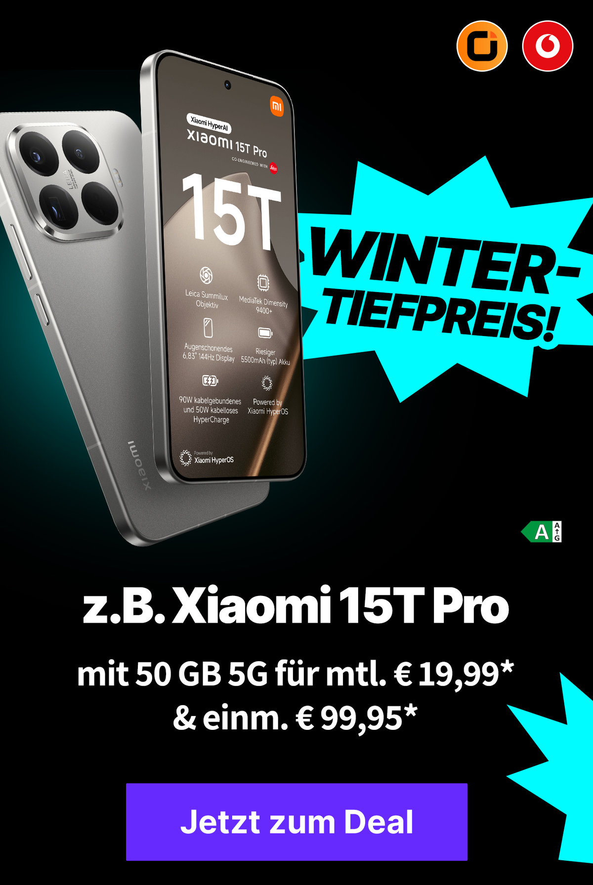 Winter Sale: z.B. Xiaomi 15T Pro mit 50 GB 5G für mtl. € 19,99* & einm. € 99,95*