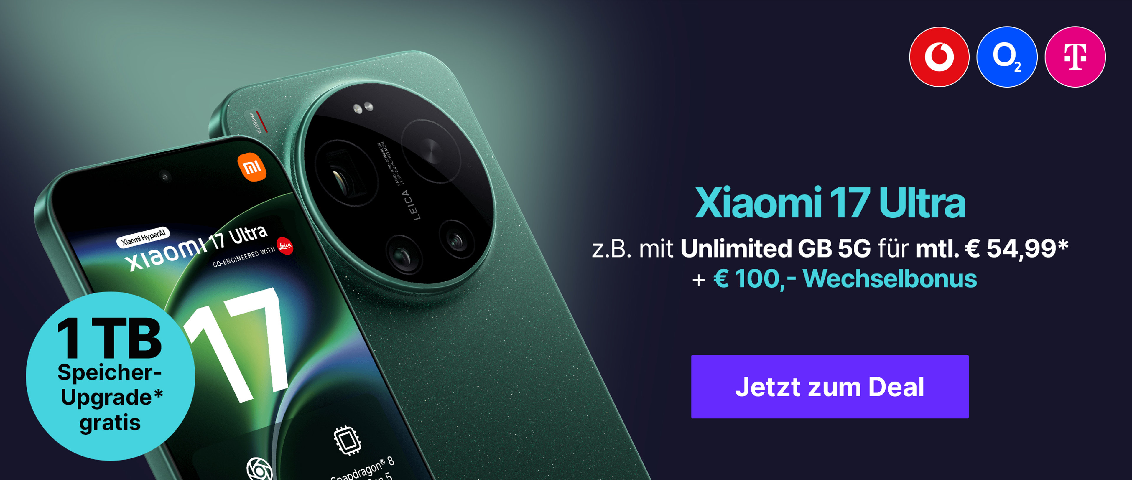 Angebote Xiaomi 17 Ultra: z.B. mit Unlimited GB 5G für mtl. € 54,99* & € 100,- Wechselbonus | 1 TB Speicherplatz-Upgrade!