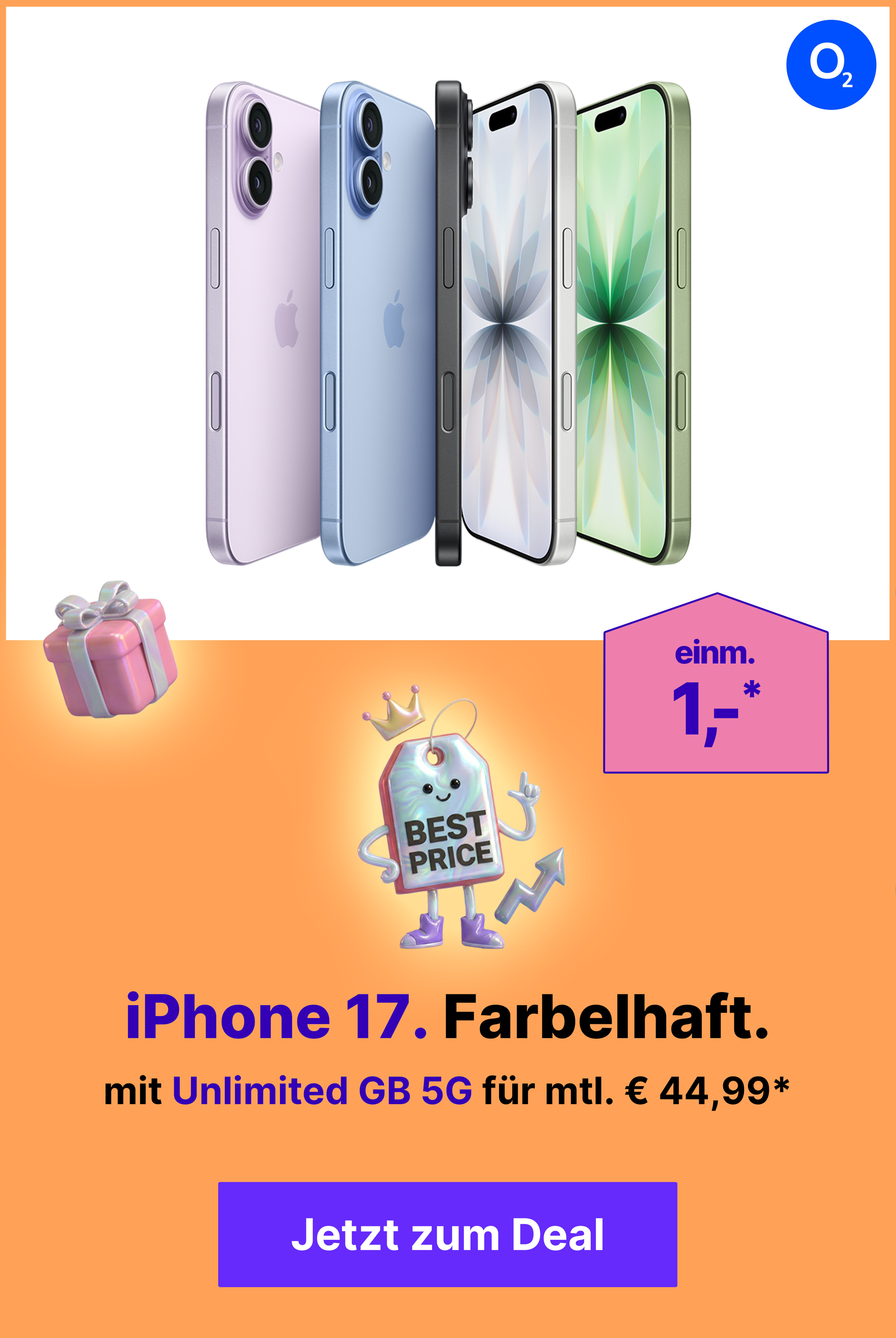 Apple iPhone 17 mit Unlimited 5G für mtl. 39,99€ & € 50,- Gutschein* | einm. € 99,95*