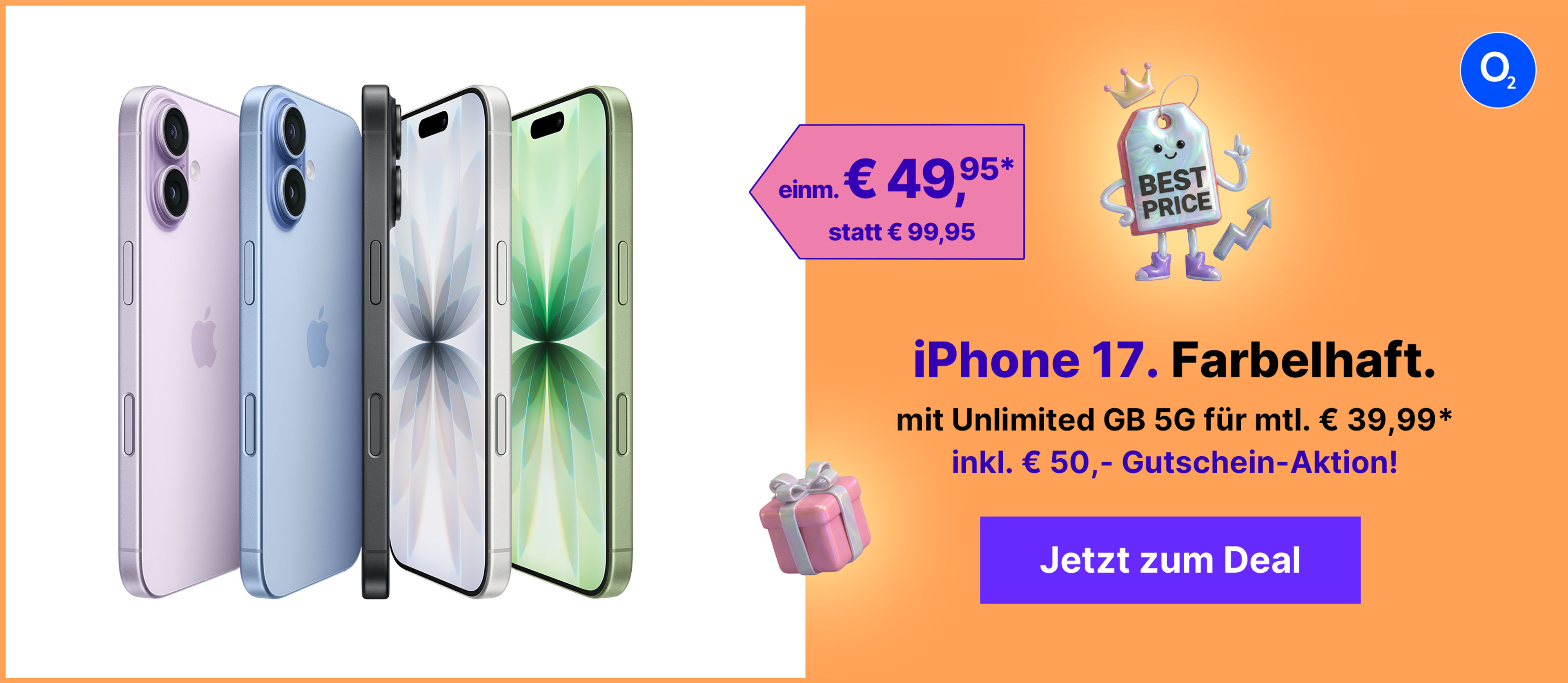 Apple iPhone 17 mit Unlimited 5G für mtl. 39,99€ & € 50,- Gutschein* | einm. € 99,95*