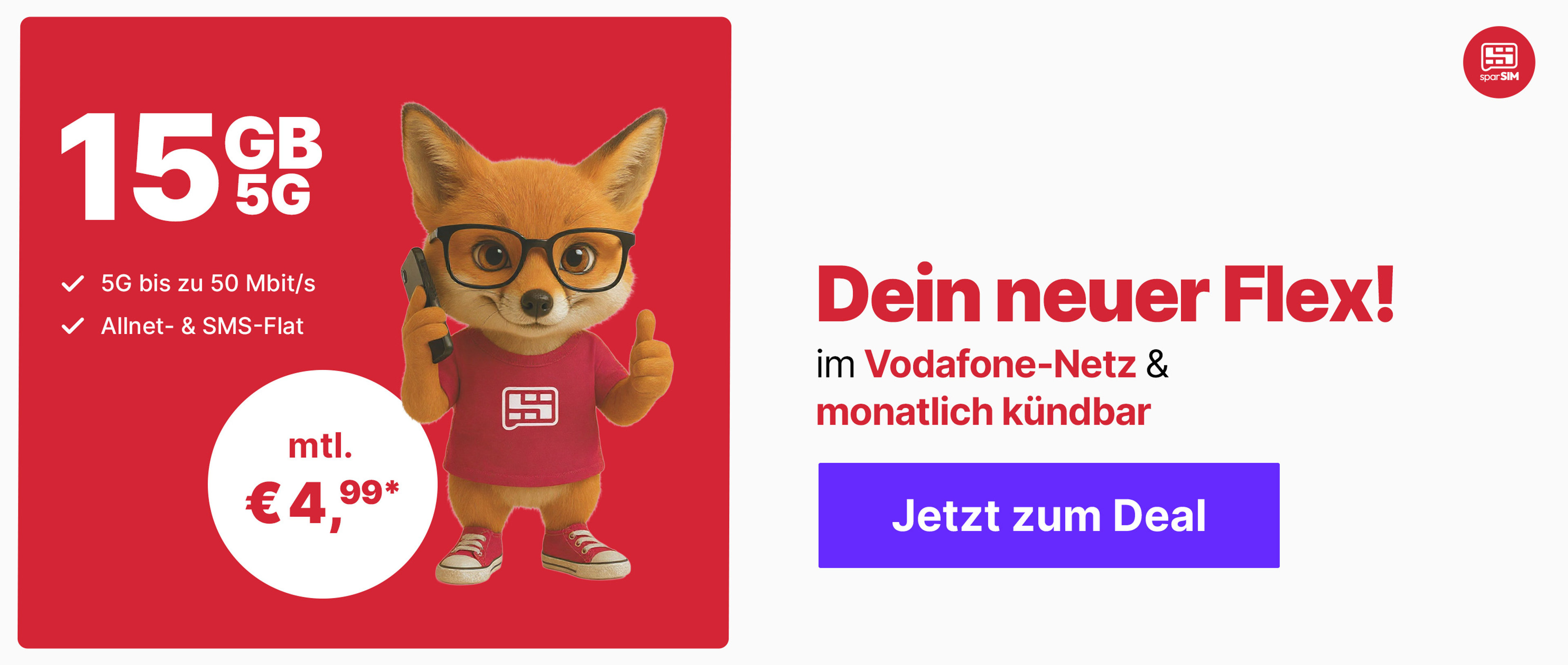 Angebot sparSIM XS Flex 15GB 5G für mtl. € 4,99*