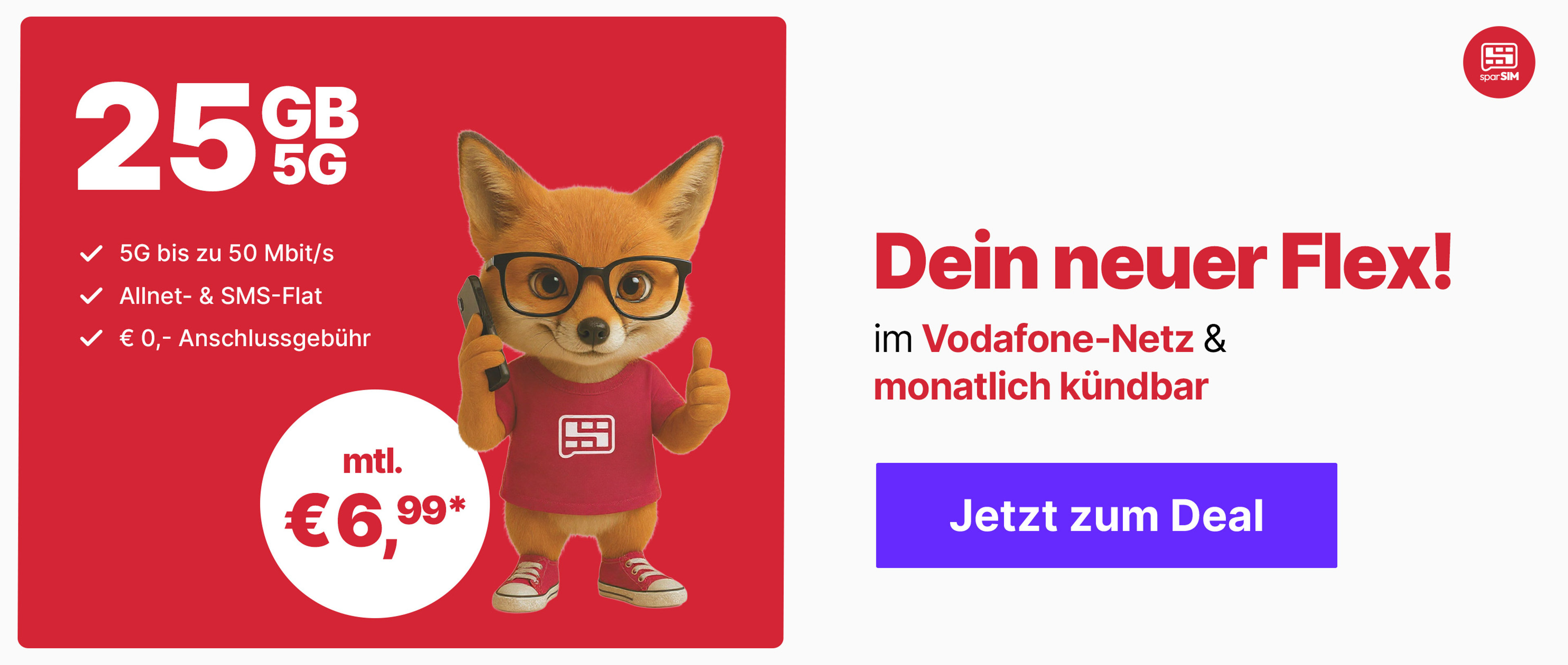 Angebot sparSIM S Flex 25GB 5G für mtl. € 6,99*