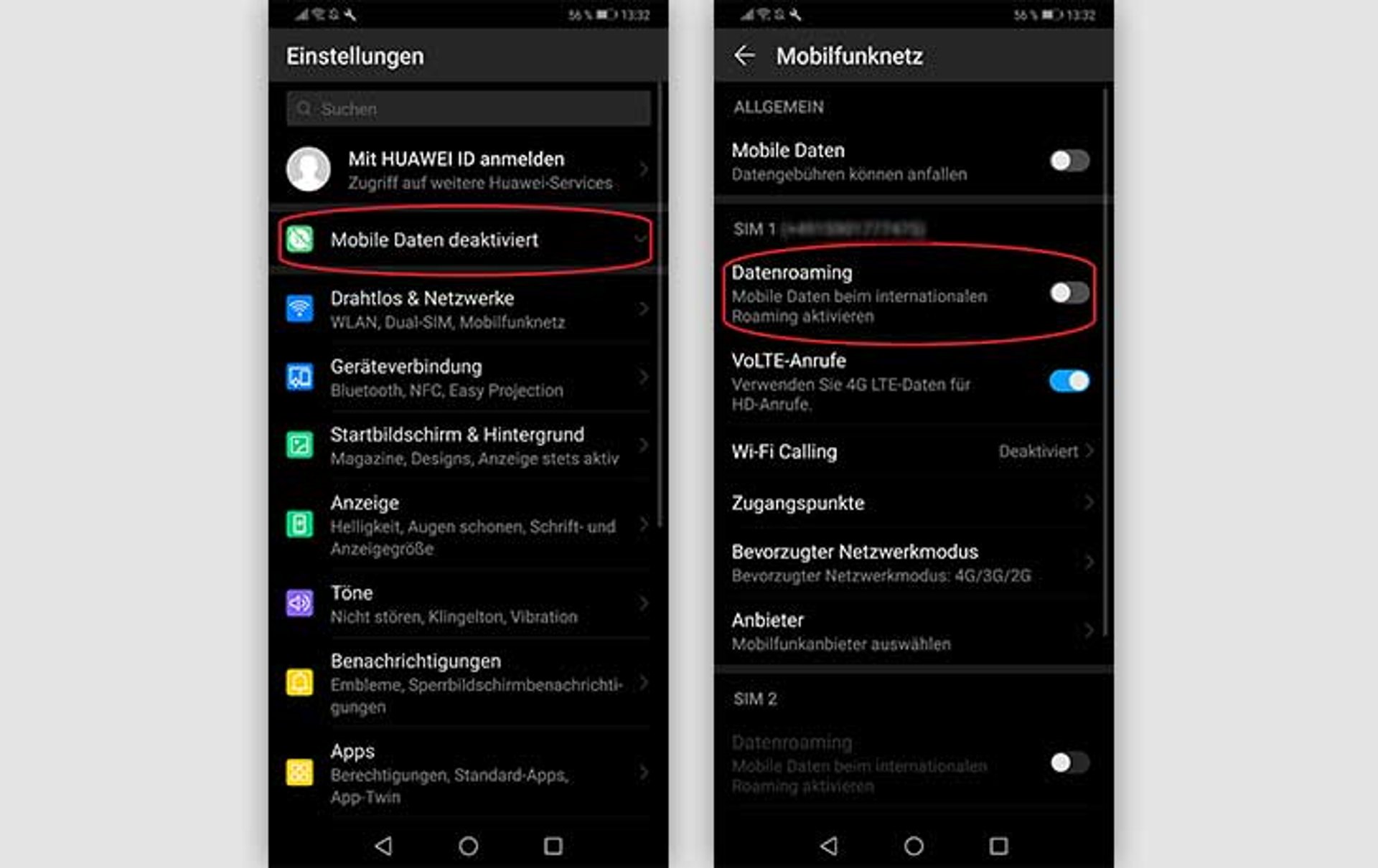 Datenroaming aktivieren bei Android Smartphones - Screenshot